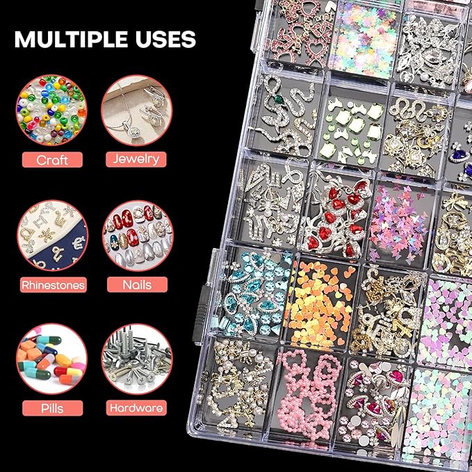 Noverlife 36 Grids Clear Plastic Jewelry Organizer Box, Nail Charm Holder Double Buckle Bead Organizer Storage Container Box, Empty Nail Box Organizer Earring Display Case Acrylic Bead Box for Women