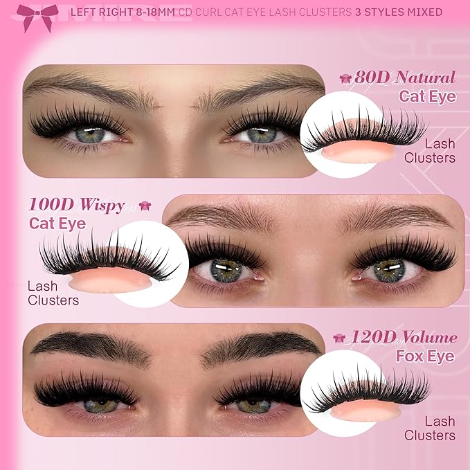 JIMIRE Wispy Lash Clusters with Spikes Cat Eye Cluster Eyelash Extensions 8-18MM C Curly Fuffy Eyelash Clusters 3 Styles Mixed Natural Spiky Cluster Lashes Easy to Apply DIY Lash Extension at Home