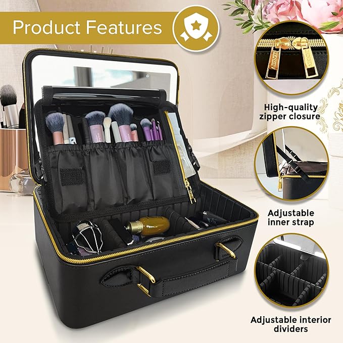 JENNI V Upscale PU Leather Makeup Bag with Light Up Mirror, 3 Brightness Settings, Adjustable Dividers - Replace Your Bulky Vanity While On the Go - Chic Travel Makeup Case Box - Makeup Organizer Bag