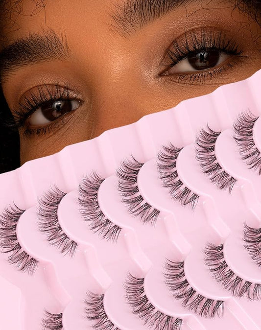 Wispy lashes natural look false eyelashes C curl fake lashes 3d Fluffy eye lashes clear band lashes Pack 7 Pairs