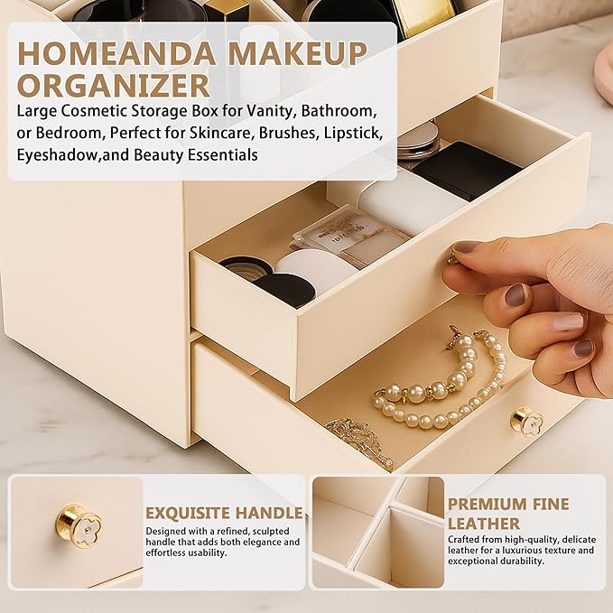 Homeanda Makeup Organizer with Drawers, PU Leather Cosmetic Storage Box Large Cosmetic Display Case for Skincare, Lipstick, Brushes, Bedroom Storage(Beige)