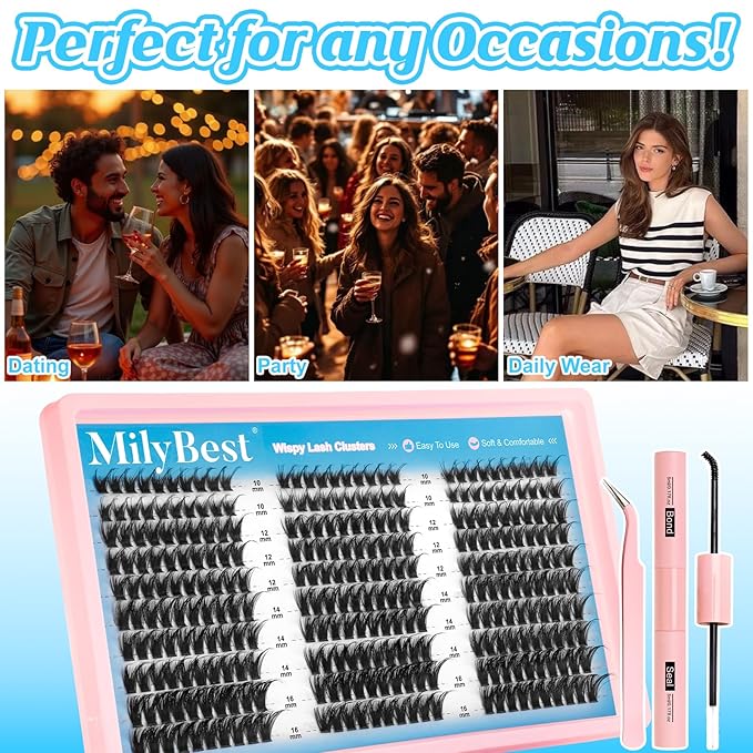 MilyBest Lash Clusters Fluffy DIY Lash Extensions Kit Thick Volume 80D Eyelash Clusters 10-16mm Individual Eye Lashes Wispy False Eyelashes D Curl 300pcs High Capacity Cluster Eyelash Extensions Kit