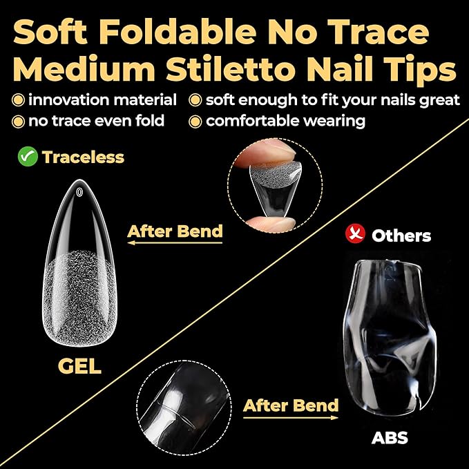 UNA GELLA Medium Stiletto Gel Nail Tips 600Pcs, Medium Stiletto Press on Nails Almond Shape Pre Etched Full Cover Soft Gel Nails Tips for Nail Extensions DIY Art Salon 12 Sizes at Home