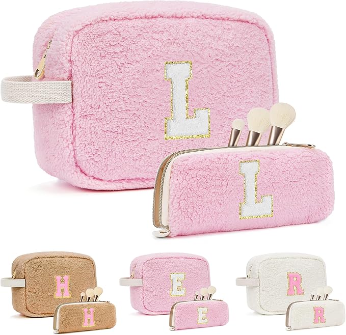 2PCS Makeup Bag with Initials, Valentines Day Gifts for Teen Girls Trendy Stuff, Personalized Cosmetic Travel Bag Pouch for Granddaughter, Cute Plush Make up Bags for Birthday - Pink L