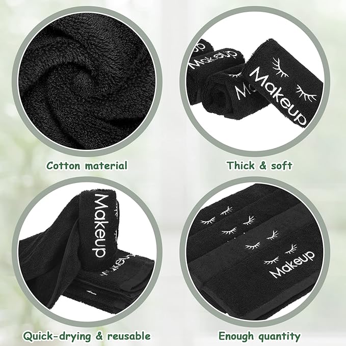 Shimeyao 13x13 Inch Makeup Washcloths Reusable Makeup Remover Cloths Facial Cleansing Towels Cotton Cosmetic Towel Water Absorbent Cloth Face Towels for Women Skin Care, Black(12 Pcs,Classic Style)