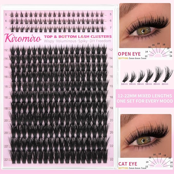 Kiromiro Lash Clusters Kit, 258pcs Lash Clusters with Spikes 12-22mm Top & Bottom Eyelash Clusters Kit with Bond and Seal Fluffy DIY Clusters Lashes Extensions Kit
