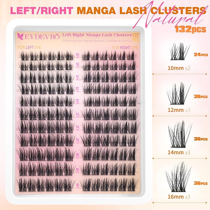 EYDEVRO Manga Lash Clusters Kit Natural Wispy Eyelash Clusters Kit Anime Spiky Cluster Eyelash Extensions 144 Pcs CD Curvature Cluster Lashes Individual Eyelashes 10-16mm DIY Lash Extension Kit