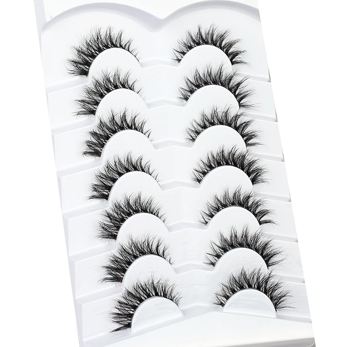 Pooplunch False Eyelashes Invisible Band Cat Eye Look Natural Wispy Lashes Extension Volume Short Fake Eyelashes Faux Mink Lash Strips 7 Pairs Pack