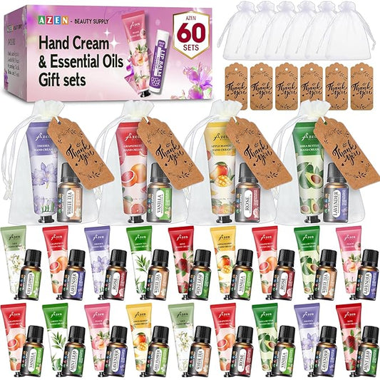 AZEN 60 Sets Bulk Gifts, Hand Cream and Essential Oils Bulk Set with Organza Bag Thank You Card, Baby Shower Wedding Gifts for Guests, Bridal Wedding Favors for Guests,Thank You Gift for Women