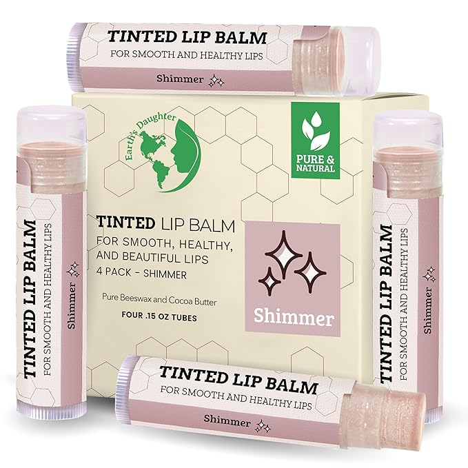 Earth's Daughter Tinted Lip Balm Shimmer 4 Pack, Beeswax, Coconut Oil, Cocoa Butter, Vitamin E, Moisturize and Beautify, Paraben Free