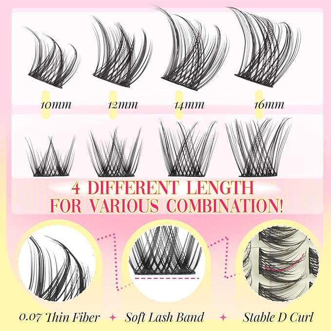 Yawamica Wispy Lash Clusters Kit DIY Lash Extension Kit 8-14mm Eyelash Clusters Natural Cluster Eyelash Extensions D Curly Individual Lashes 144 Clusters Lashes with Waterproof Bond and Seal Tweezers
