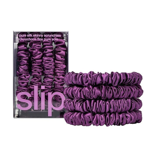 slip Skinny Scrunchies: Anti-Crease, Anti-Breakage Slipsilk™ Design Protects Delicate Hair | Includes 4 Pure Silk Scrunchies: Dark Purple