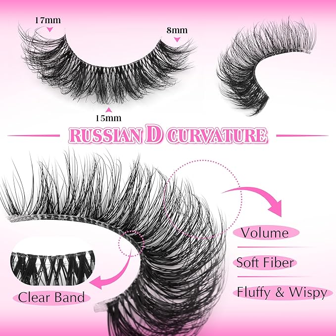 Strip Lashes Wispy False Eyelashes Clear Band Mink Lashes Natural Look Fake Eyelashes 3D 17MM Wispy Cat Eye Lashes Pack, 7 Pairs