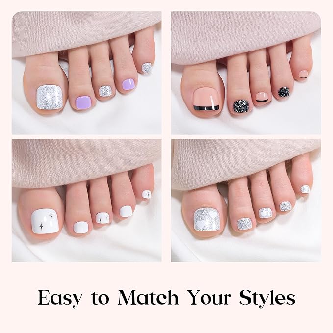 Beetles Toe Nail Press ons Kit 288Pcs 12 Colors, Press on Toenails Short Squaval Glossy Glitter With Nail Glue & Nail Tabs Stickers, Natural Fit Lightweight Fake ToeNails Nail Art For Women Girls