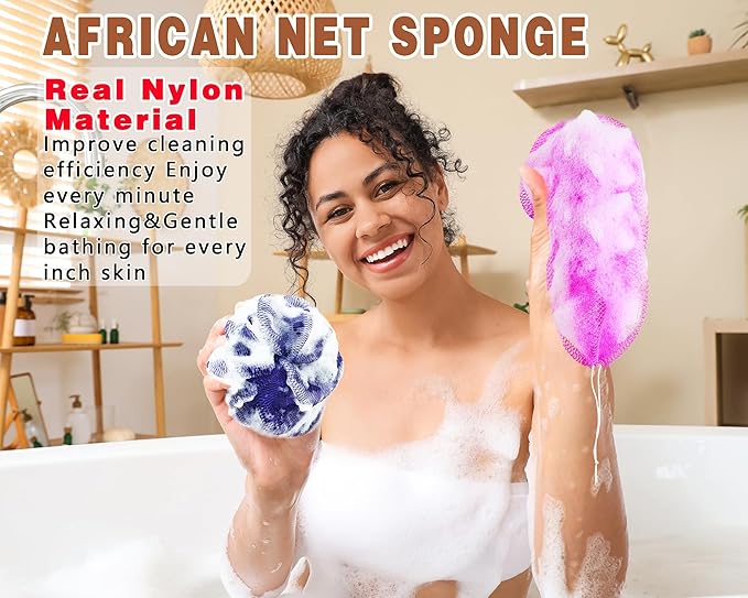 2 Pack African Net Sponge Exfoliating Scrubber Bath Sponge for Daily Use (Navy Blue+Indigo)