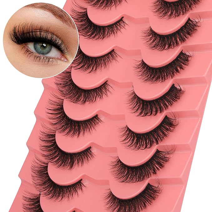 False Eyelashes Natural Mink Lashes 15mm Wispy Curly Eyelashes 5D Fluttery Volume Cat Eye Fake Lashes Pack 8 Pairs by Yawamica