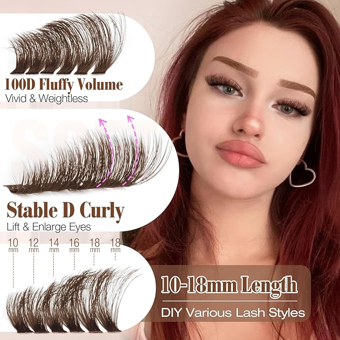 Yawamica Brown Fluffy Lash Clusters 100D Volume Wispy Eyelash Clusters 10-18mm D Curl Eyelash Extensions Individual Lashes Dark Brown Cluster Lashes DIY Brown Lash Extension by Self