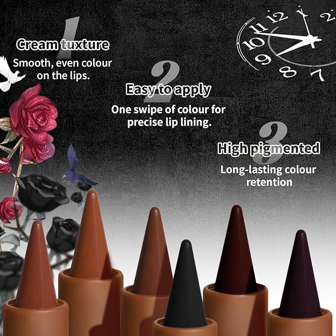HOSAILY 3 Colors 2 in 1 Gothic Lip Liner Set, Matte Dark Brown Red Black Lip Liner Plumping Smooth Creamy Lip Pencil, High Pigmented Long lasting Lip Stain Lipstick Goth Halloween Makeup, 06+07+08