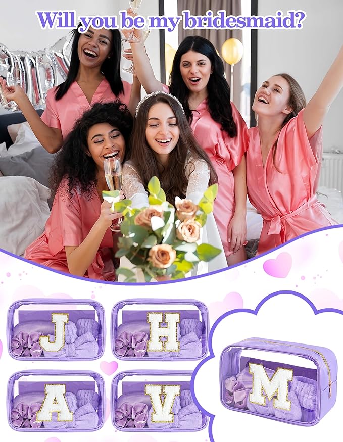 Gift Sets for Women, Initial Makeup Bag with Makeup Brush Set Bachelorette Party Favors, Purple Spa Kit with Skincare Headbands Wrist Bands Sleepover Party Supplies Gifts for Teen Girls Bridesmaid M
