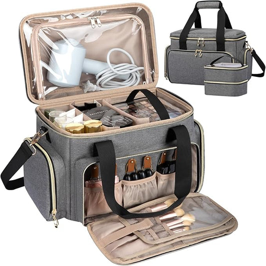 Large Makeup Bag, Portable Travel Makeup Bag Organizer for Women Girls with 2 Removable Pouches & Detachable Dividers, Cosmetic Travel Bag, Toiletry Bag for Makeup and Hair Supplies Grey