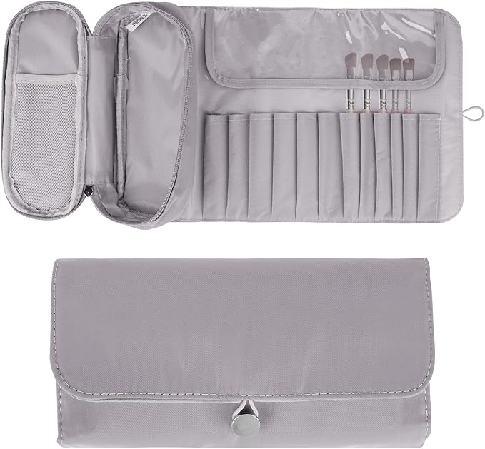 LUEXBOX Portable Folding Makeup Brush Bag, Multifunctional Cosmetics Rolling Storage Case Makeup Brush Holder for Travel, Makeup Brush Organizer Bag (Grey)