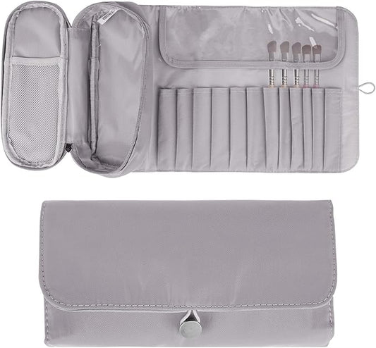 LUEXBOX Portable Folding Makeup Brush Bag, Multifunctional Cosmetics Rolling Storage Case Makeup Brush Holder for Travel, Makeup Brush Organizer Bag (Grey)