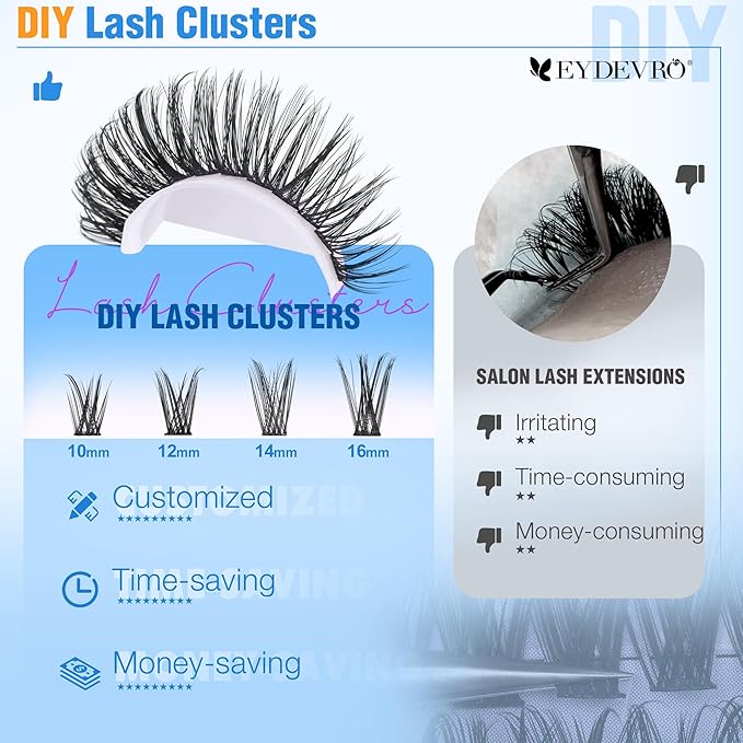 EYDEVRO Wispy Lash Clusters Natural Eyelash Clusters 10-16mm Cluster Eyelash Extensions 192 Pcs Individual Lashes CD Curvature Cluster Lashes Comfortable Soft Thin Band DIY Lash Extensions