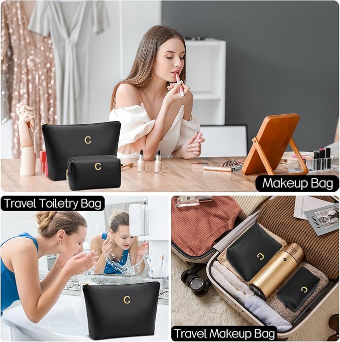 Women Gifts | Initial Makeup Bag Set for Girl Personalized Gifts for Bridesmaid Friend Graduation Teachers PU Leather Cosmetic Travel Toiletry Bag(Black,C)