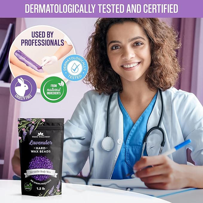 Tress Wellness Wax Beads - Safe for Skin - Dermatologically Tested - At-Home Kit for Bikini, Brazilian & Full Body - Lavender 1.2