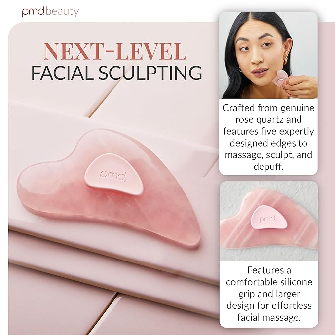PMD Beauty Gua Sha Facial Tools - Massaging, Sculpting and Depuffing Guasha Tool for Face with Rose Quartz and Silicone Grip - Reduce Tension & Inflammation