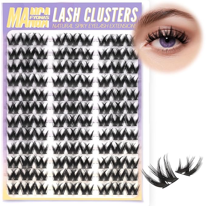 Fyonas Manga Lash Clusters Wispy Cluster Eyelashes Natural Look Fluffy Anime Cluster Eyelash Extensions C Curl 108Pcs Easy to Apply Flora Individual Lashes with Thin Band for Beginners (Cutey)