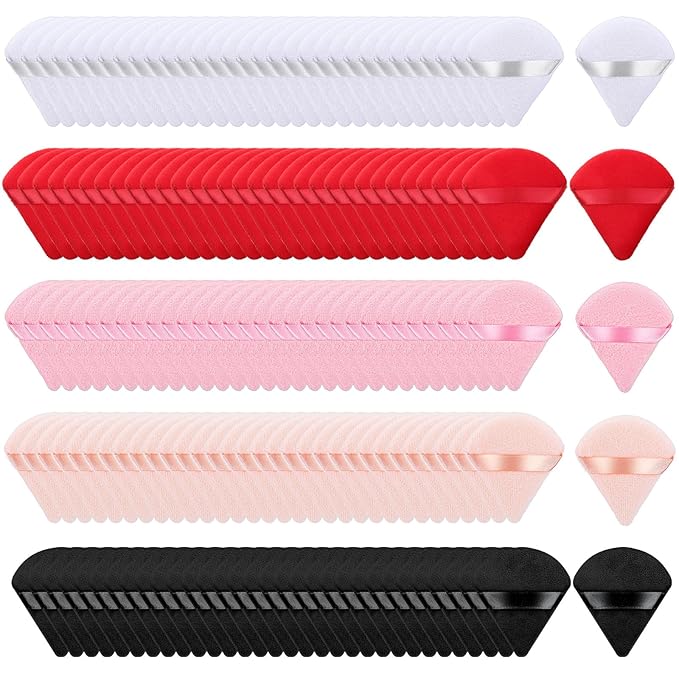 Molain 150 Pcs Triangle Powder Puffs, Soft Makeup Puffs Wet & Dry Use Cosmetic Sponge Applicators for Loose Powder Foundation Face Body(Black, Pink, White, Brown, Red)