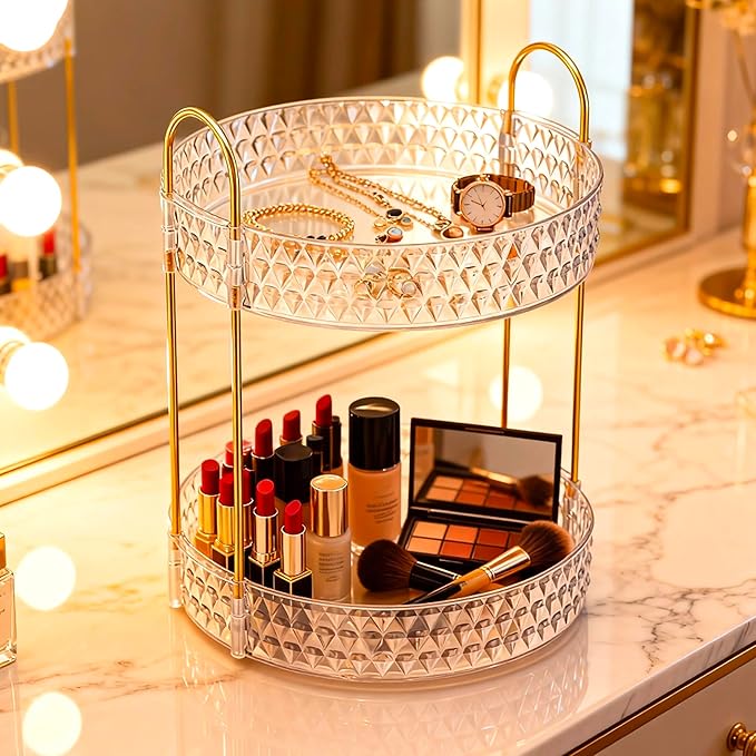 Gold Rotating Makeup Organizer for Vanity, 2-Tier Large Capacity Perfume & Skincare Organizer with Brush Holder, 360° Bathroom Countertop Organizer for Cosmetics, Jewelry & Hair Products