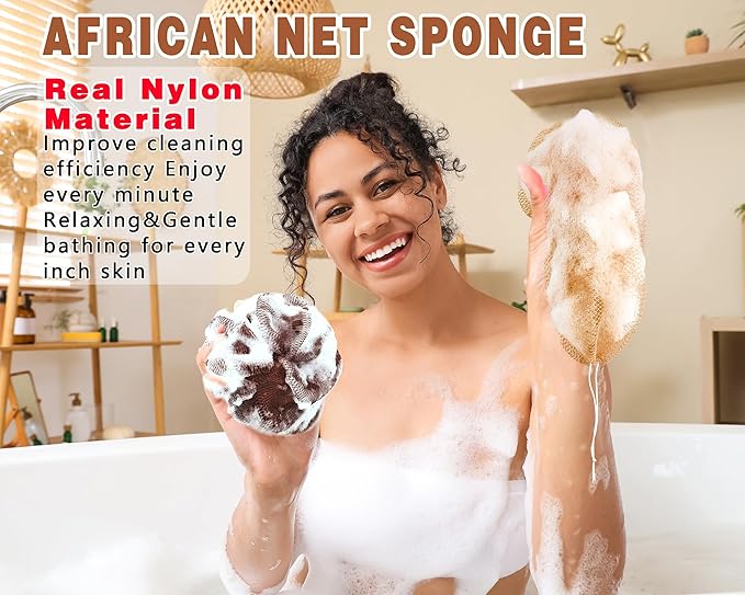 2 Pack African Net Sponge Exfoliating Scrubber Bath Sponge for Daily Use (Dark Brown+Light Brown)