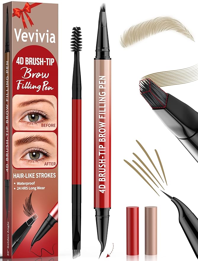 Vevivia Eyebrow Pencils for Women - Eyebrow Pen with 4D Brush-Tip & Curved Tip for Natural Fuller-Looking Brows, Precise Hair-Like Strokes for All Brow Types, Last All-Day Eyebrow Makeup, Light Brown