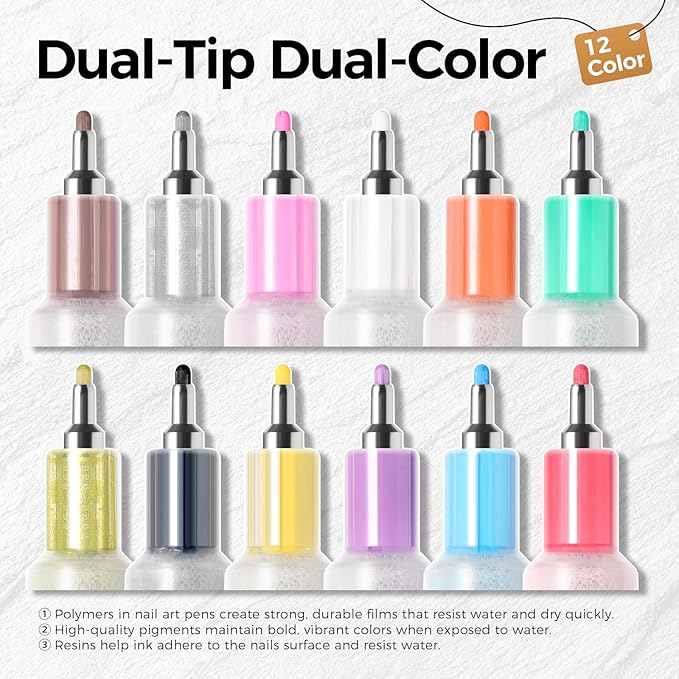 GELLAKTIK 12 Colors Nail Art Pens Set, 0.5mm Fine Tip Nail Art Markers Polish Pen for 3D Nail Art, Quick-Drying Acrylic Paint MarkerPen Drawing Painting Liner Brush for DIY Nail Art Manicure Tool