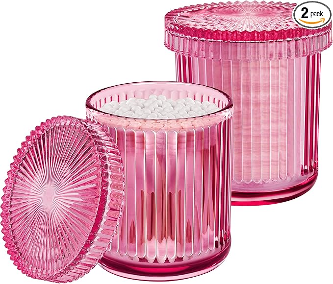 MKOSAB 2 Pack Qtip Holder - Apothecary Jars with Lids, Bathroom Organizers and Storage Canister for Cotton Balls,Swabs,Floss Picks,Hair Ties,Clear Glass Vintage Bathroom Decor Jar Set (Pink2)
