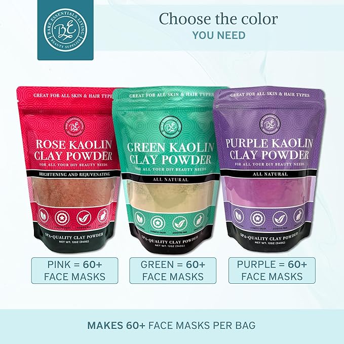 Bare Essentials Living - Pink Kaolin Clay Rose Powder (12 oz) 100% Natural Pink Powdered Clay for Seed Bombs, Pink Clay Mask for Face or for Colorant DIY Spa, Pink Rose Soap, Bath Bomb, Deodorant