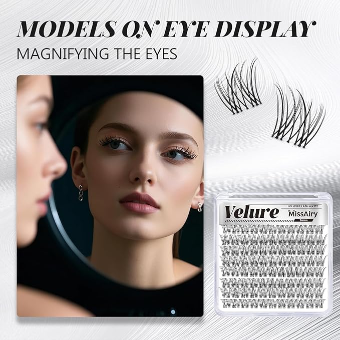 MissAiry Velure Lash Clusters LengthLock Eyelash Extensions Natural Lash Clusters Short Lash Cluster 14MM DIY Lashes Natural with Invisible Band Venus D Curly Individual Eyelashes(Velure 14MM)