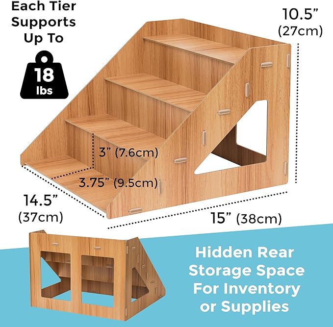 4-Tier Retail Wooden Display Riser - Farmers Market Craft Fair Display Rack - Candle Soap Display Stand for Craft Shows - Wood Countertop Pop Up Shop Display Rack for Tumblers Cupcakes Candy
