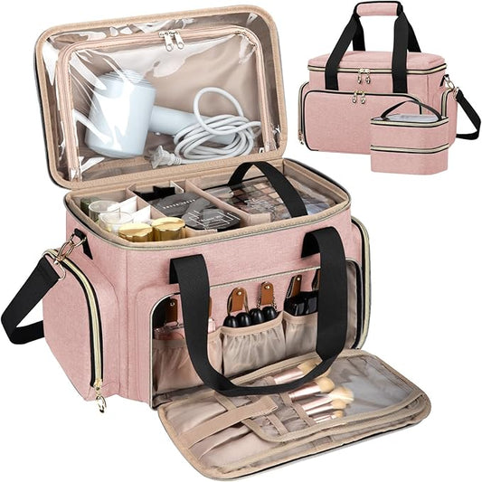 Large Makeup Bag, Portable Travel Makeup Bag Organizer for Women Girls with 2 Removable Pouches & Detachable Dividers, Cosmetic Travel Bag, Toiletry Bag for Makeup and Hair Supplies Pink