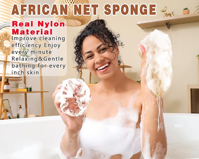 2 Pack African Net Sponge Exfoliating Scrubber Bath Sponge for Daily Use (Blush+Champange)