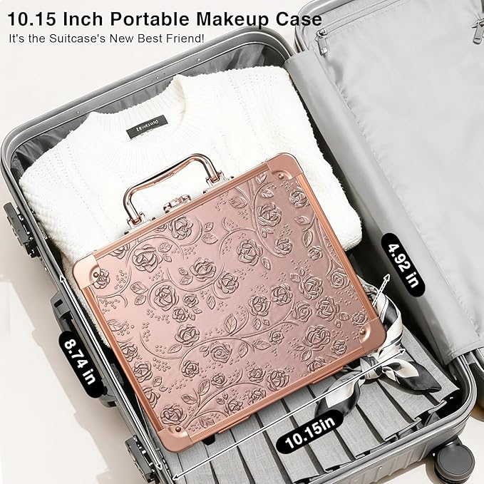 Makeup Case with Magnetic Lighted Mirror Cosmetic Train Box Detachable LED Mirror Adjustable Brightness in 3 Colors Waterproof Storage Organizer Artist Suitcase with Dividers Brush Holder, Rose Gold
