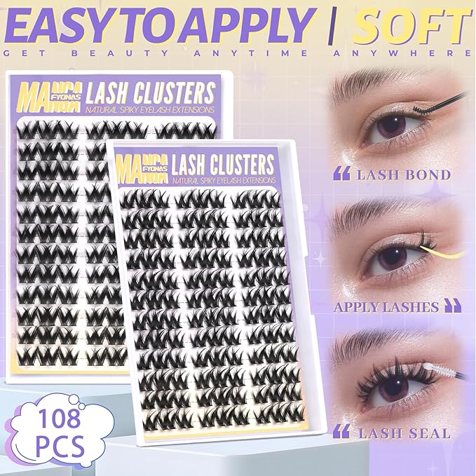 Fyonas Manga Lash Clusters Wispy Cluster Eyelashes Natural Look Fluffy Anime Cluster Eyelash Extensions C Curl 108Pcs Easy to Apply Flora Individual Lashes with Thin Band for Beginners (Cutey)