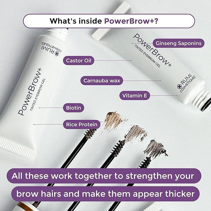 Rumi Cosmetiques PowerBrow+ Tinted Eyebrow Gel For Mature Women - Defines, Fills, Thickens Brows - 2-in-1 Formula - Natural Color, Quick Fixing, Long-Lasting - Hypoallergenic