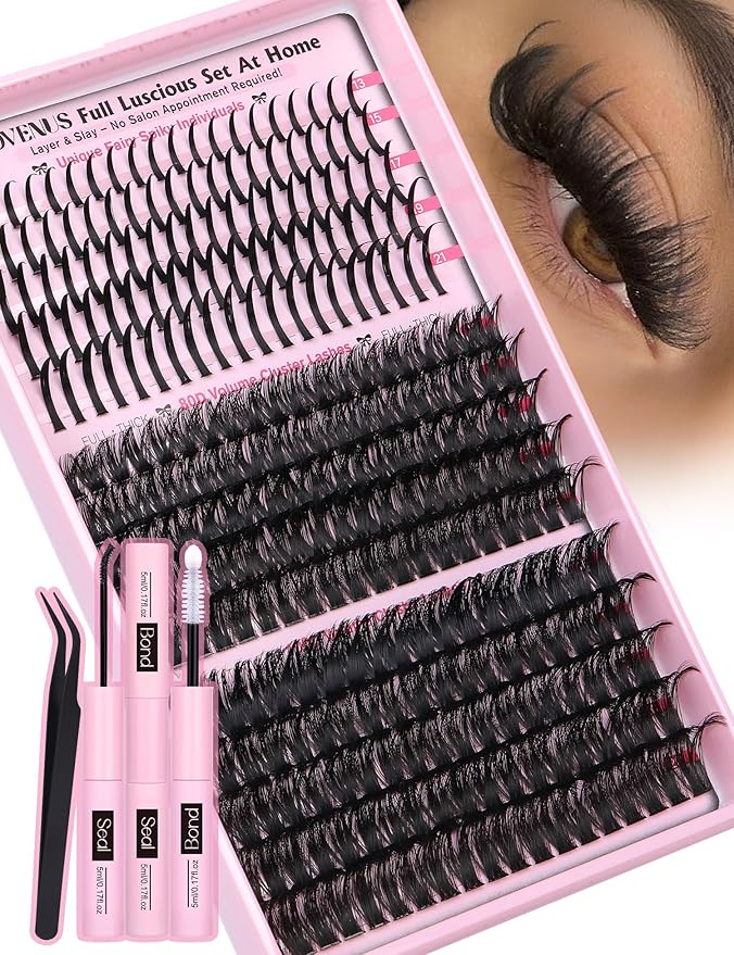 Goddvenus Lash Clusters Kit 13-21MM Lash Spikes Eyelash Clusters 80D 100D Thick Cluster Eyelash Extensions Kit Spiky DIY Lash Extensions Kit Individual Lashes Volume 295PCS