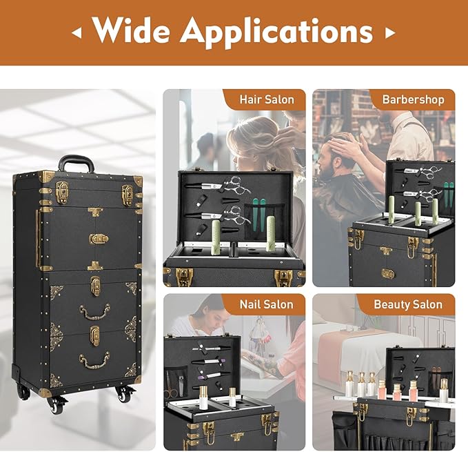 Beauty Salon Luggage, Rolling Lockable Makeup Train Case, Hairdressing Trolley Stylist Beauty Salon Cosmetic Luggage Travel Organizer Tool Box with Hair Dryer Holder for Makeup, Black