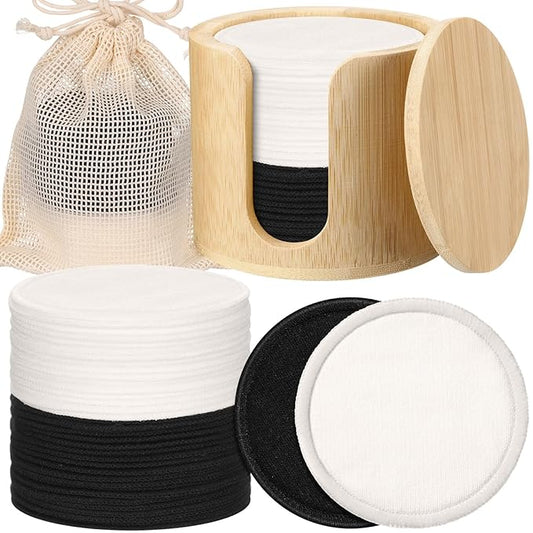 Foaincore 40 Pcs Reusable Makeup Remover Pads with Mesh Storage Bag and Bamboo Box Washable Bamboo Cotton Rounds Soft Reusable Face Pad for Toner Skin Various Skin Care Products(Black White)