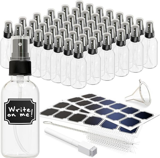 Nevlers Clear Glass Spray Bottles 2 Oz 48 Pack | Empty Spray Bottles Mist Sprayer Set with Funnel, Brush & More | Mist Bottle For Use As Atomizer Sprayer for Perfume & Cologne Travel Bottle