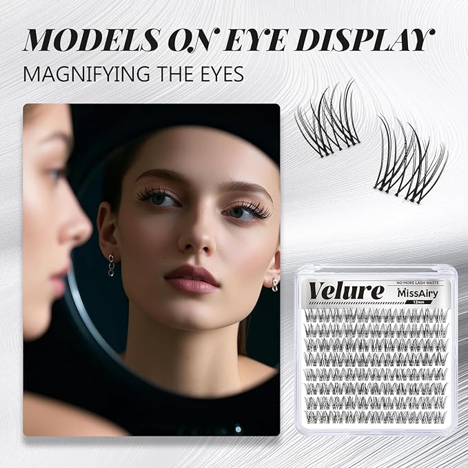 MissAiry Velure Lash Clusters LengthLock Eyelash Extensions Natural Lash Clusters Short Lash Cluster 12MM DIY Lashes Natural with Invisible Band Venus D Curly Individual Eyelashes(Velure 12MM)